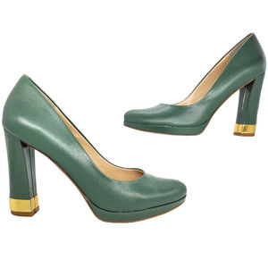 Aldo Heels 6 Jade Green Leather Shiny Gold Chunky Closed Almond Toe Evening Work